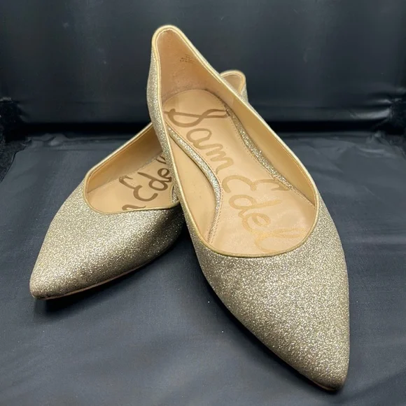Sam Edelman "Rae" Gold Glitter Pointed Toe Ballet Flat Shoes Size 8M. - Picture 1 of 3